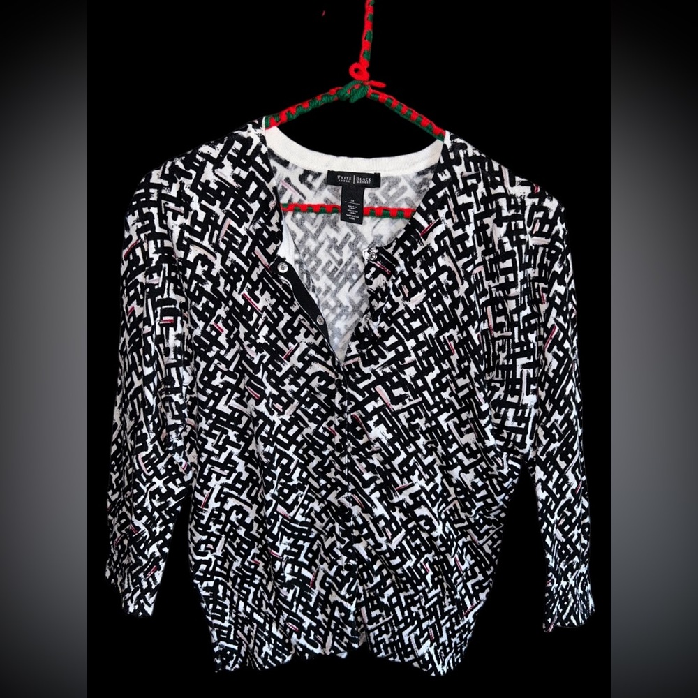 White House Black Market Cardigan Sweater White Black Geometric Stretchy Size M